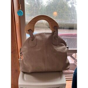 Handbag purse wood handle tan leatherette w/ strap
